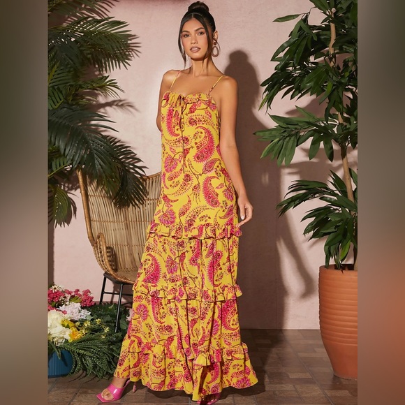 SHEIN Dresses & Skirts - Paisley Print Knot Front Sleeveless Yellow and Pink Maxi Dress Size 4